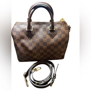 LOUIS VUITTON DAMIER EBENE SPEEDY 25 BANDOULIERE HANDBAG LUXURY LEATHER BROWN
